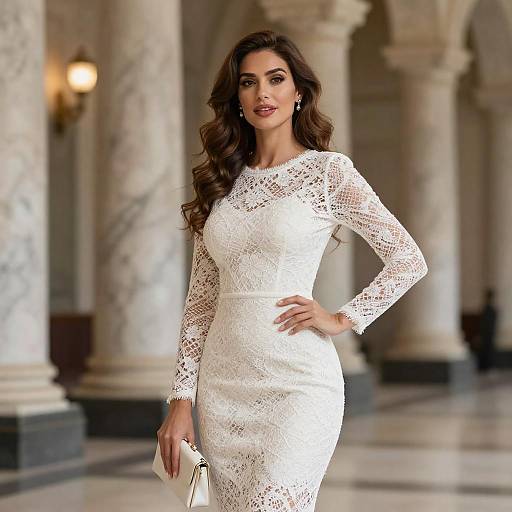 Elegant Woman in White Lace Dress