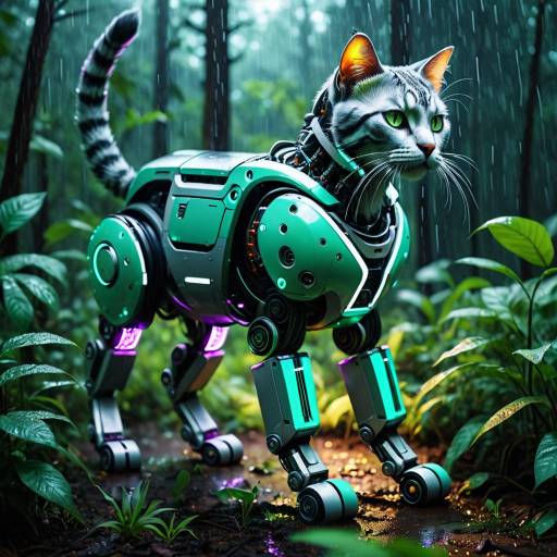 Robotic Cat in Neon Forest Landscape