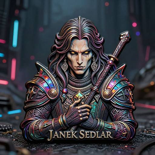 Digital art of Jane Sedar, a stern-faced, armored warrior with long, wavy hair, glowing neon accents, and a futuristic city background.