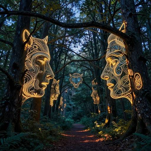 Photograph of a forest path adorned with glowing, intricate, wireframe animal head sculptures—lion and wolf faces—illuminated against twilight trees.