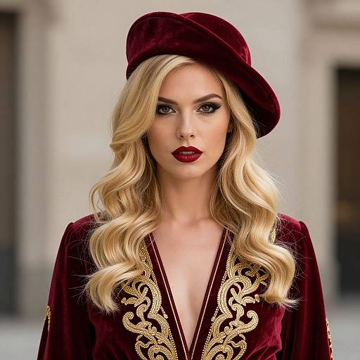 Elegant Blonde Woman in Red Velvet