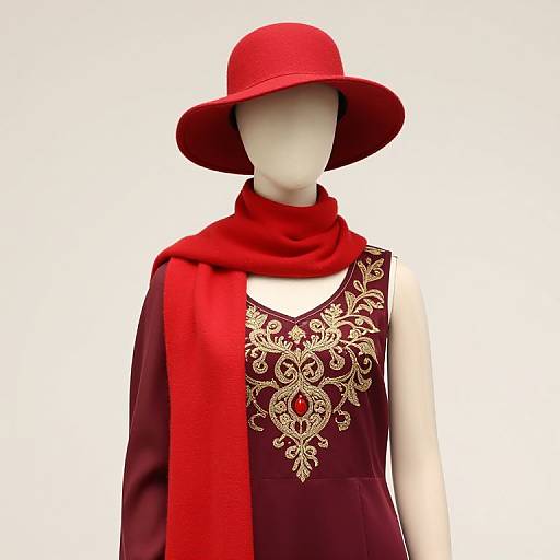Mannequin in Red Hat and Embroidered Dress