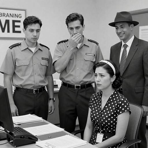 Black and White Office Scene with Postal Workers and Woman