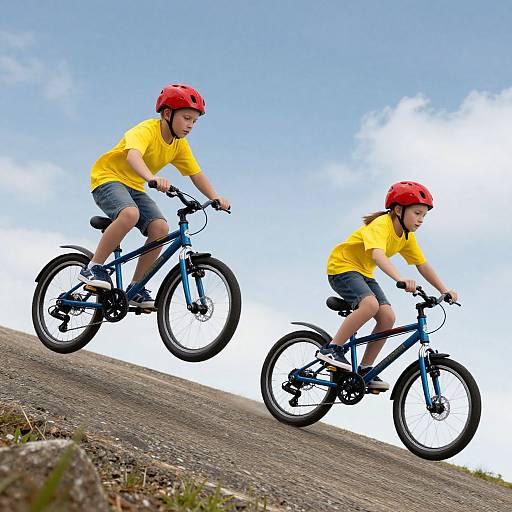 Photograph of two young girls in yellow shirts, red helmets, and blue bikes, riding uphill on a paved path with a blue sky background.