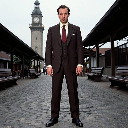Photograph of a serious, dark-haired man in a black suit, white shirt, and red tie, standing in a cobblestone train station with