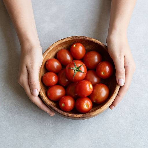 Photograph of two hands holding a wooden bowl filled with vibrant red cherry tomatoes, one tomato with a green stem, on a white textured surface.