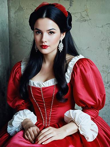 Realistic Seated Maiden in Red Dress