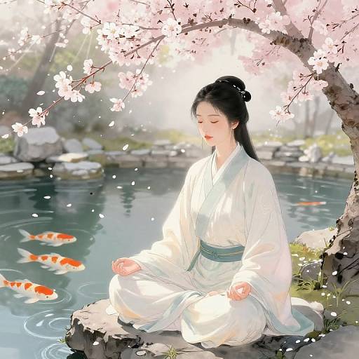 Serene Meditation by Cherry Blossom Pond