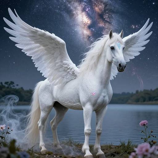 Photorealistic digital artwork of a white Pegasus with glowing wings, standing by a moonlit lake, surrounded by flowers and stars.