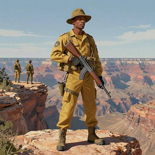 African American Soldier on Rocky Cliff Overlooking Canyon