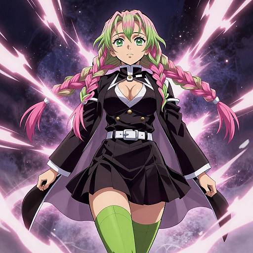 Anime-style digital drawing of a green-haired, pink-braided girl with green eyes, wearing a black and white school uniform, green thigh-high socks