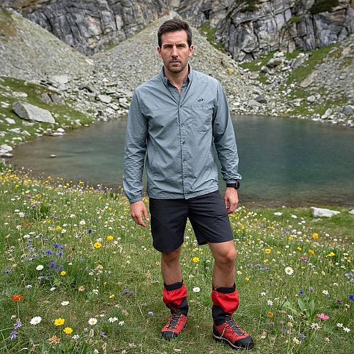 Photograph of a bearded man with short brown hair, wearing a light blue shirt, black shorts, red and black leg warmers, and red