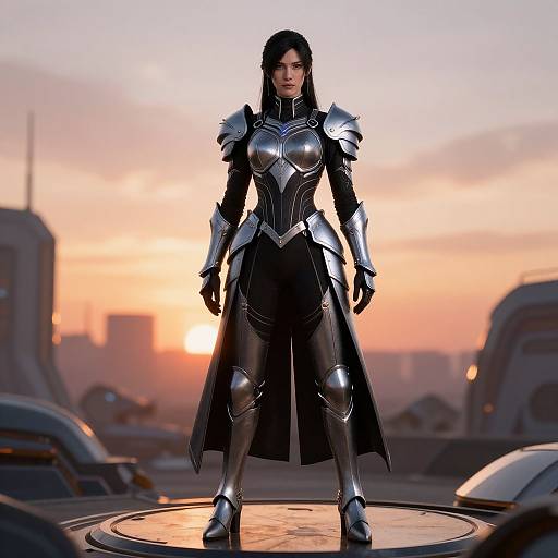 CGI image of a fierce, black-haired woman in silver and black armored suit, standing on a rooftop at sunset, with futuristic cityscape background.