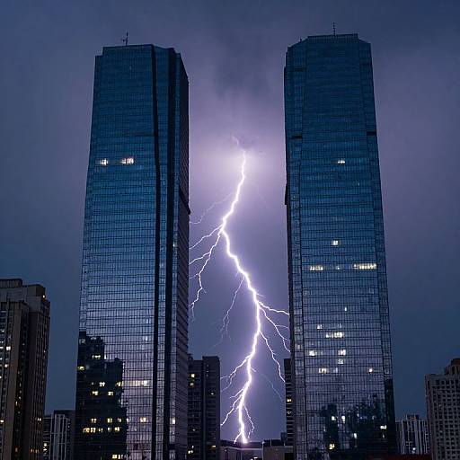 Photograph of two tall, blue-tinted skyscrapers with bright, jagged lightning bolt striking between them under a dark, stormy sky