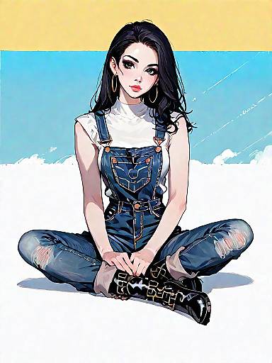 Stylish woman in black faux leather overalls sitting cross-legged