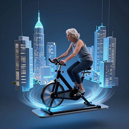 Photograph of an older woman with white hair, wearing a gray tank top and black pants, riding a stationary bike in front of a glowing blue city