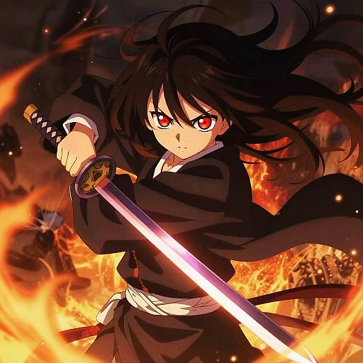 Anime-style digital illustration of a fierce, black-haired warrior with red eyes, wielding a glowing sword amidst fiery flames.