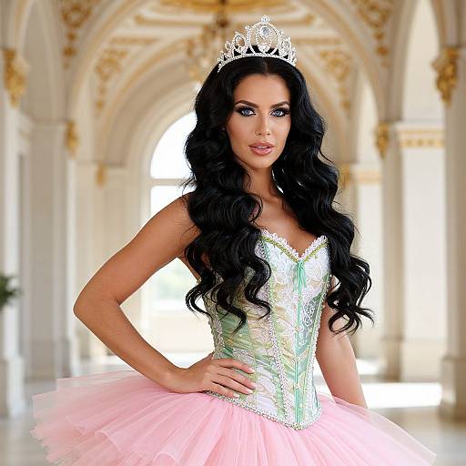 Photograph of a fair-skinned woman with long black hair, wearing a silver tiara, green and white corset, and pink tutu,