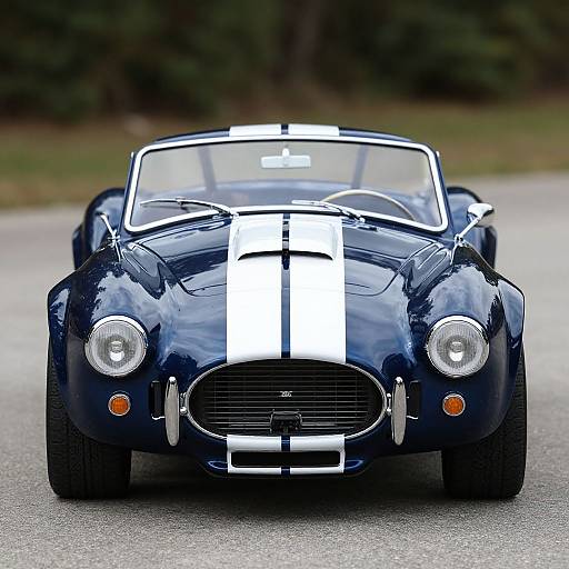 Photograph of a glossy, dark blue classic sports car with a white racing stripe, viewed from the front, on a paved road.