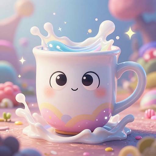 Whimsical, animated white teacup with large black eyes and a smile, splashing with water, surrounded by colorful, blurred candy-like objects