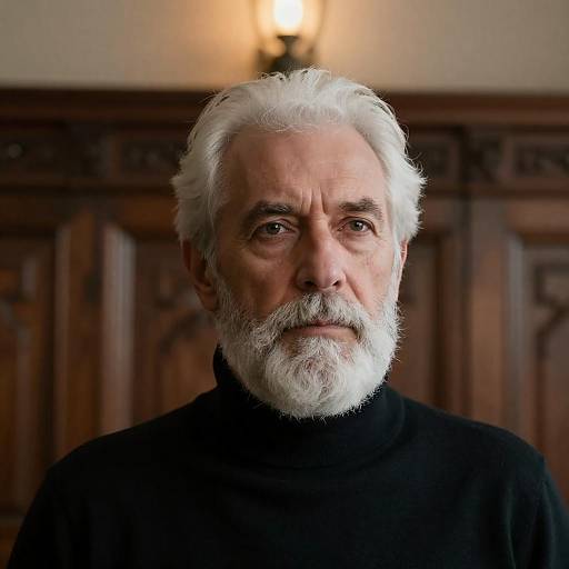 Stoic Elder Portrait with Ornate Wood Panel