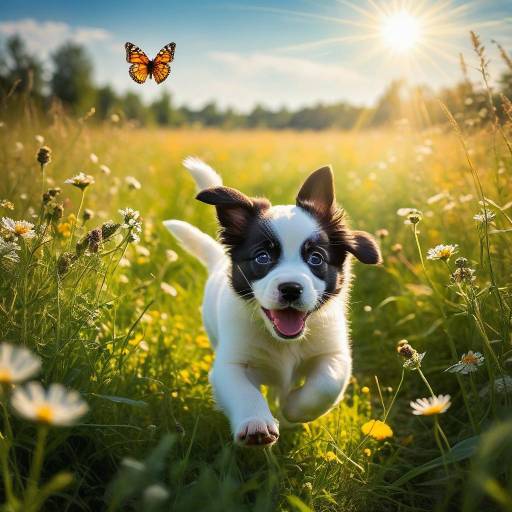 Puppy Chasing Butterflies in Sunlit Meadow Puppy Chasing Butterflies in Sunlit Meadow