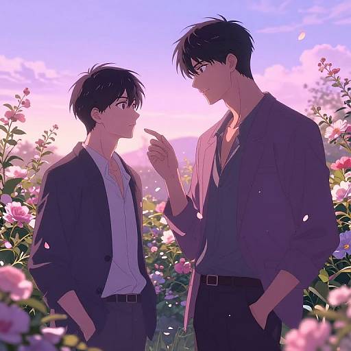 Anime-style digital drawing of two young men with black hair, wearing open dark jackets and white shirts, standing in a blooming flower field under a sunset