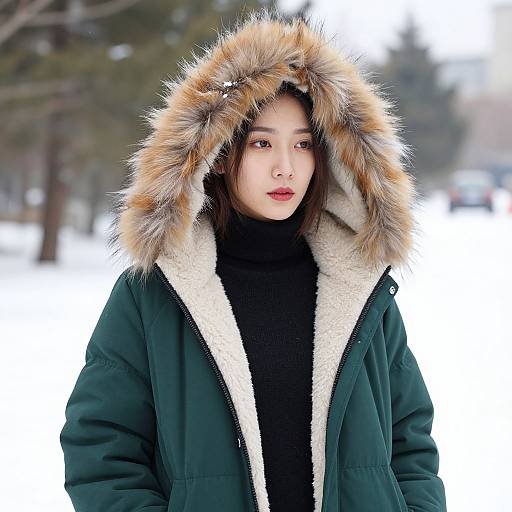 Photograph of an Asian woman with fair skin, wearing a green parka with a fur-trimmed hood, black turtleneck, and red