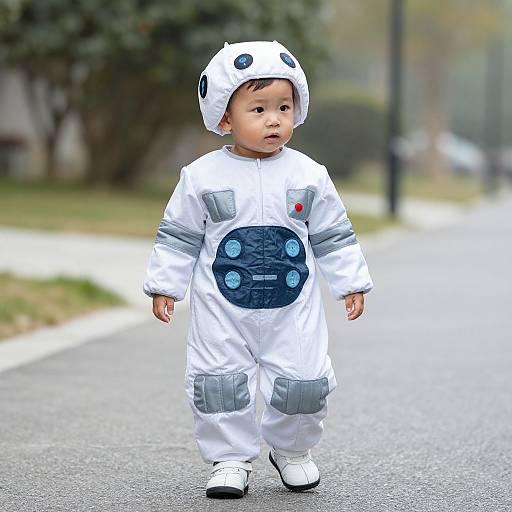 Photograph of an Asian toddler in a white astronaut costume with blue buttons, white shoes, and a white helmet, walking on a suburban street.