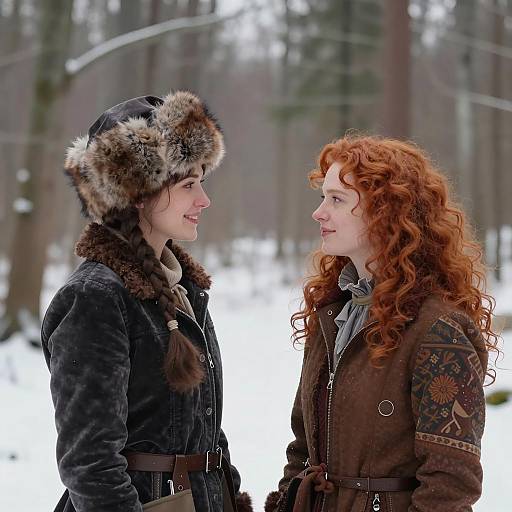 Two Women in Winter Forest