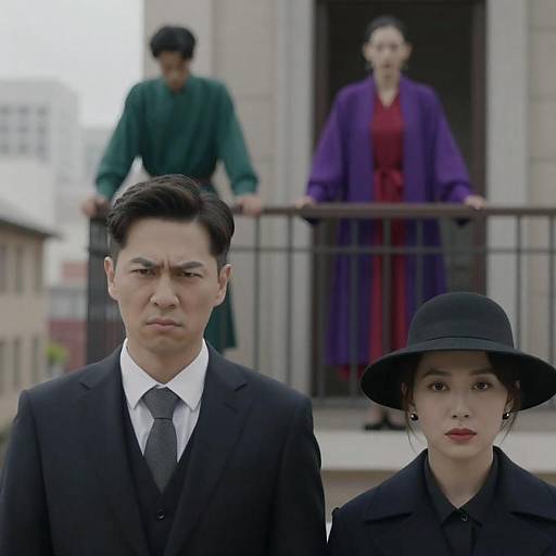 Serious Asian Couple with Concerned Bystanders