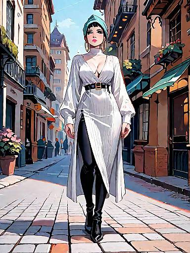 Chic Woman in a Cobblestone Resort