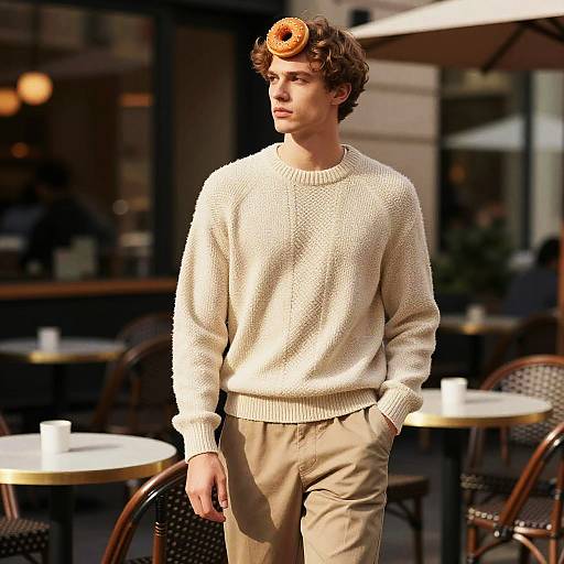 Photograph of a young man with curly brown hair, wearing a cream sweater, beige pants, and an orange donut on his head, walking past