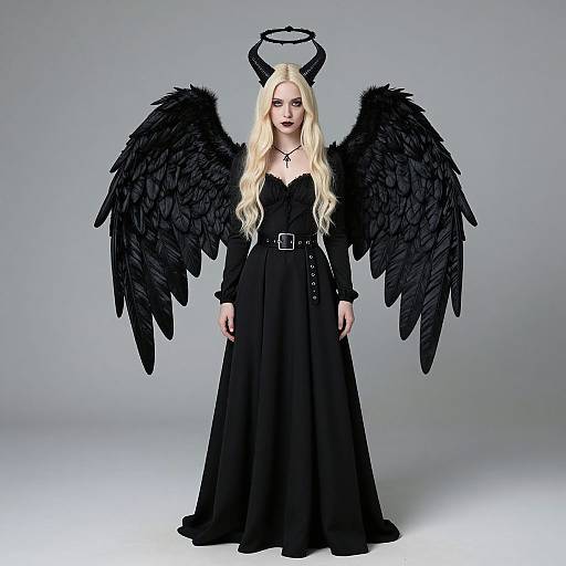 Photograph of a blonde woman with black wings, horned halo, and black dress, standing against a gray backdrop. Gothic, angelic, and