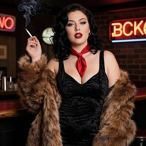 Photograph of a confident woman with dark curly hair, red lips, black velvet dress, red scarf, fur coat, smoking, in a dimly