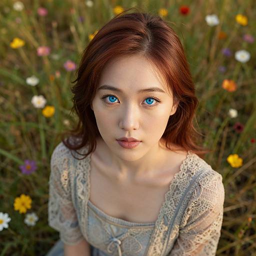 Photograph of a young Asian woman with striking blue eyes and fair skin, wearing a lace-patterned beige top, surrounded by colorful wildflowers.