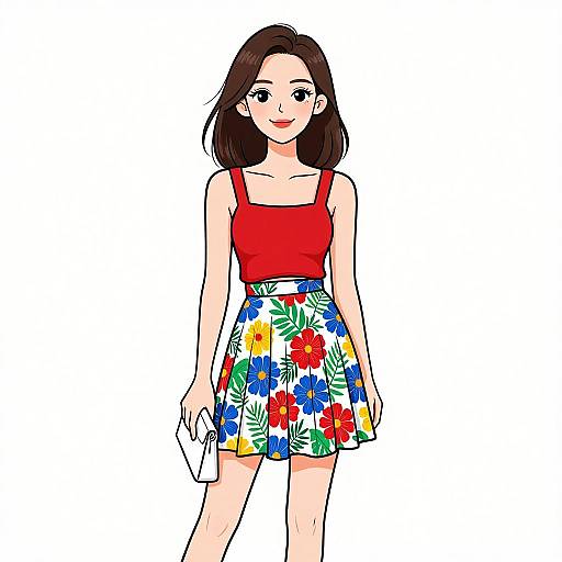 Digital illustration of a smiling woman with fair skin and brown hair, wearing a red tank top and a colorful floral skirt.