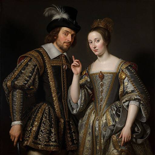 Renaissance painting of a bearded man in ornate black velvet and gold, feathered hat, beside a fair-skinned woman in detailed gray
