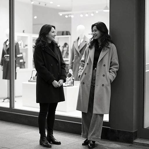 Black-and-white photograph of two women in coats, standing outside a brightly lit store window, engaging in conversation. One leans against the wall.