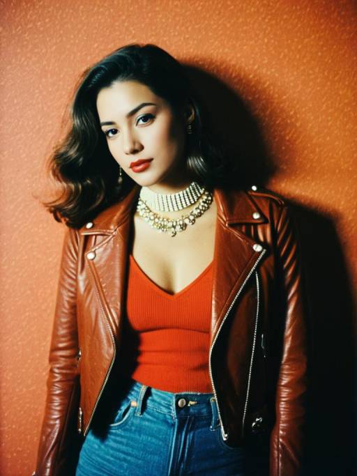 Young Woman in Tan Leather Biker Jacket and Jeans