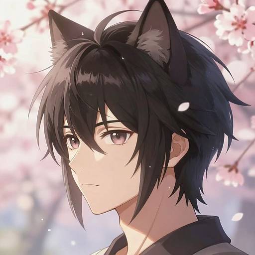 Anime-style digital drawing of a black-haired, androgynous character with cat ears, pink eyes, and a serene expression, set against a cherry