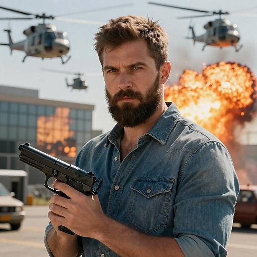 Serious Man with Gun and Helicopters in Explosion Scene