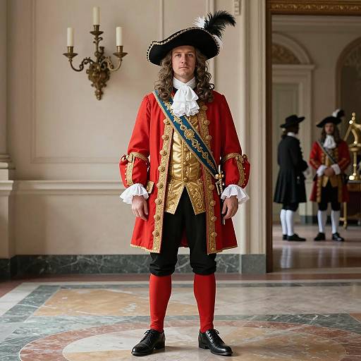 Man in Baroque Costume with Red Coat and Feathered Hat
