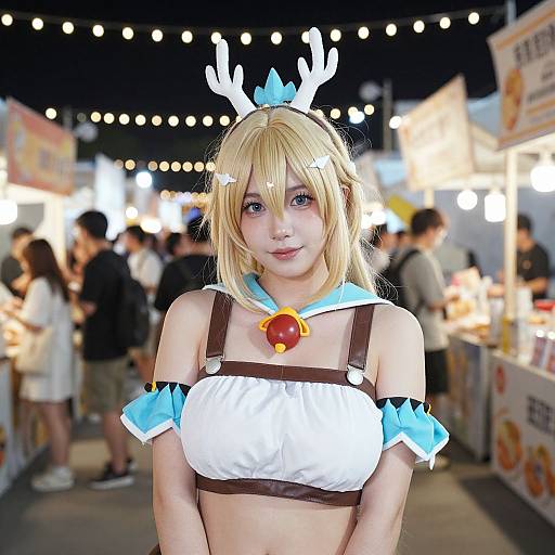 Photograph of a blonde woman in a white, crop-top reindeer cosplay with antlers, blue cuffs, and a red apple brooch, standing