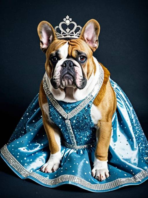 Bulldog in Blue Sparkle Dress with Tiara