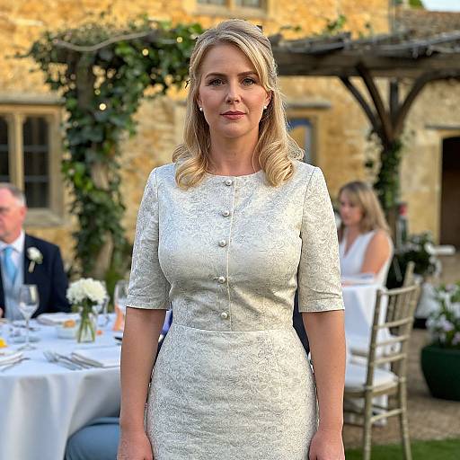 Photograph of a blonde woman in a white, lace, button-up dress standing outdoors at a garden wedding, with blurred guests and a stone building in