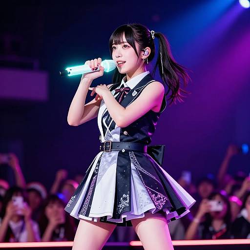 Photograph of an Asian female singer in a black and white frilled skirt, sleeveless top, and pigtails, holding a microphone on stage