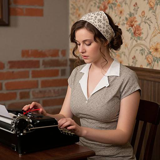 Photograph of a fair-skinned woman with brown hair in a white lace headband, wearing a gray polka-dot dress with a white collar,