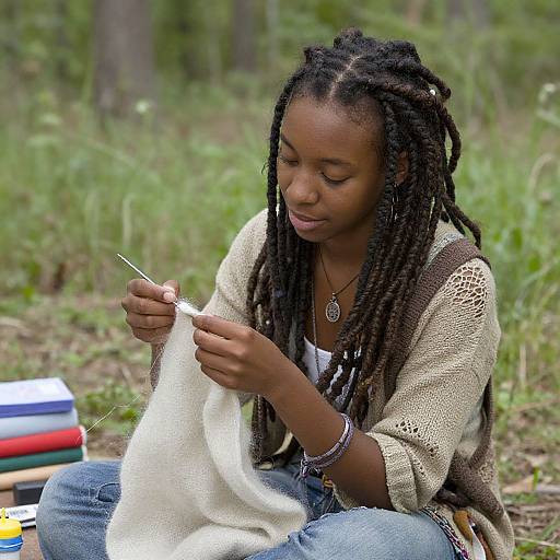 Photograph of a Black woman with long dreadlocks, knitting white yarn in a forest, wearing a beige cardigan and jeans.