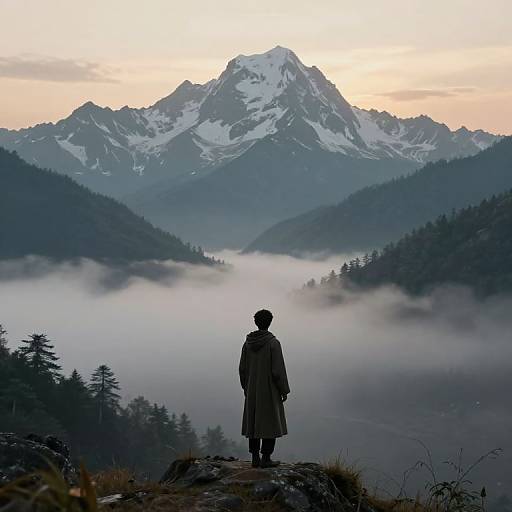 Photograph of a lone figure in a long coat standing on a rocky cliff, facing a majestic snow-capped mountain at dawn, surrounded by mist and
